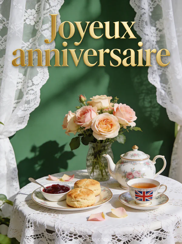 Texte Joyeux anniversaire en lettres dorées classiques sur fond vert émeraude avec service à thé en porcelaine, scones, roses David Austin et dentelle