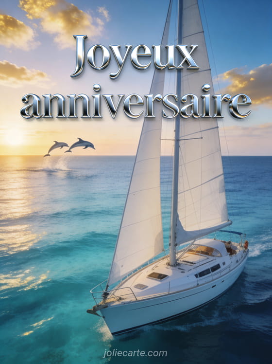 Texte Joyeux anniversaire en lettres argentées métalliques sur fond bleu marine avec voilier blanc sur mer turquoise, dauphins et ciel pastel doré