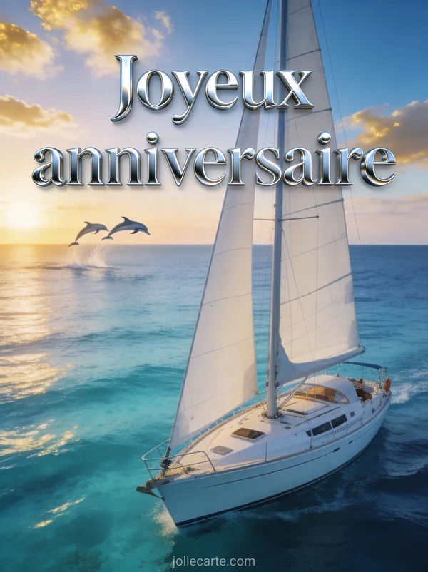 Texte Joyeux anniversaire en lettres argentées métalliques sur fond bleu marine avec voilier blanc sur mer turquoise, dauphins et ciel pastel doré