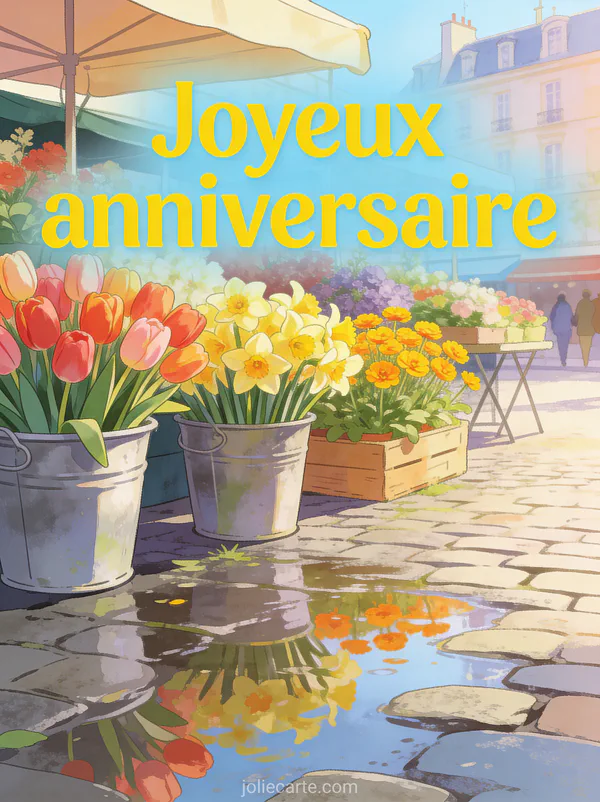 Texte Joyeux anniversaire en lettres jaunes joyeuses sur fond bleu clair avec marché aux fleurs coloré, seaux en zinc de tulipes, jonquilles et renoncules