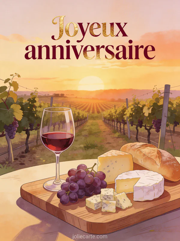 Texte Joyeux anniversaire en lettres bordeaux et dorées avec table de dégustation de vin, verre de vin rouge, raisins, fromage et pain, vignoble au coucher du soleil
