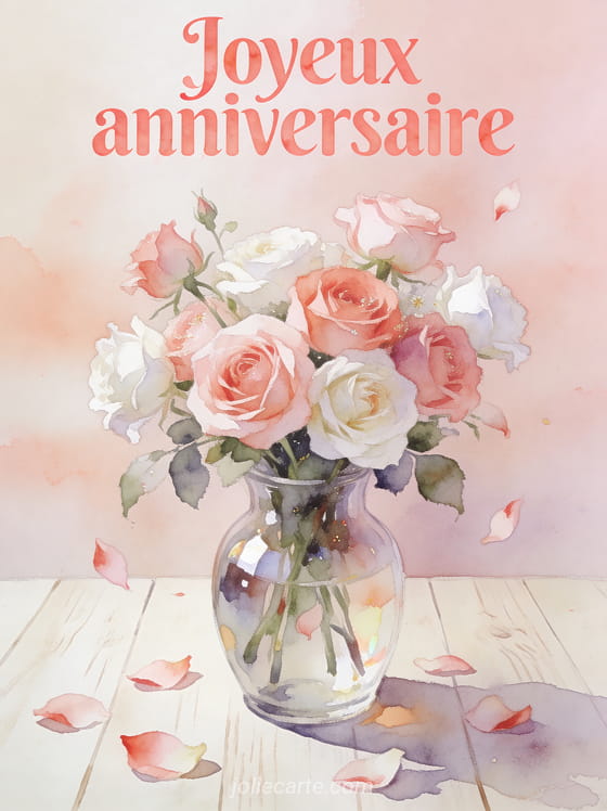 Texte Joyeux anniversaire en lettres rose corail aquarelle avec arrangement de roses anglaises roses et blanches dans un vase en verre, pétales sur table en bois clair