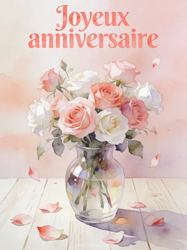Texte Joyeux anniversaire en lettres rose corail aquarelle avec arrangement de roses anglaises roses et blanches dans un vase en verre, pétales sur table en bois clair