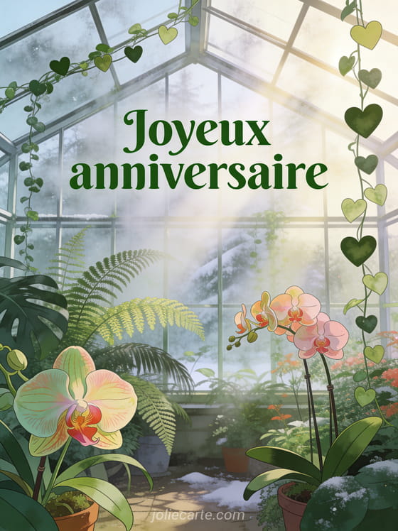 Texte Joyeux anniversaire en lettres vertes style botanique avec serre en verre remplie de plantes tropicales, orchidées, fougères et lianes, rayons de lumière