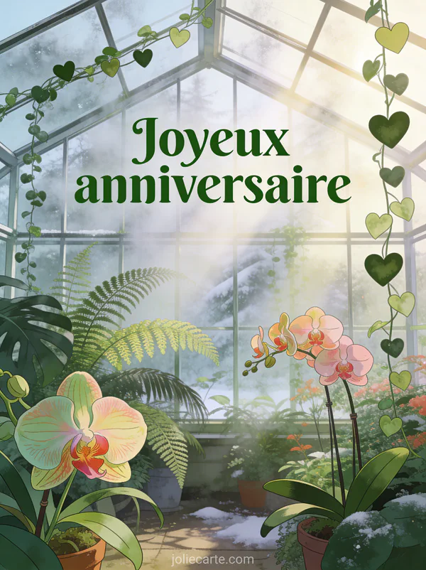 Texte Joyeux anniversaire en lettres vertes style botanique avec serre en verre remplie de plantes tropicales, orchidées, fougères et lianes, rayons de lumière