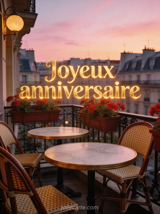 Texte Joyeux anniversaire en lettres dorées lumière tamisée avec terrasse de café parisien, tables en marbre, chaises bistrot, géraniums rouges, toits de Paris au crépuscule