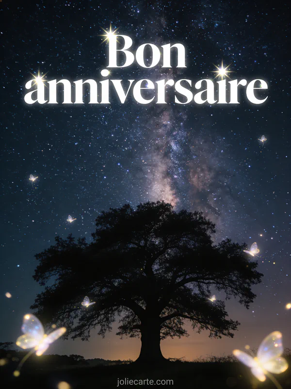 Texte Bon anniversaire en lettres blanches lumière stellaire avec ciel nocturne étoilé, voie lactée, silhouette d'arbre majestueux et lucioles lumineuses