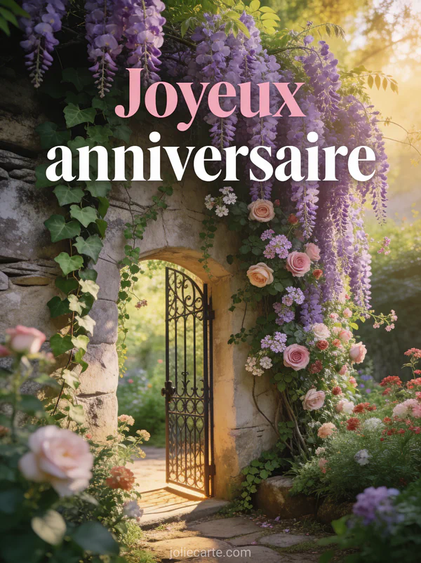 Texte Joyeux anniversaire en lettres roses et blanches avec cascade de fleurs sur mur en pierre, glycines mauves, roses trémières, lierre et portail en fer forgé