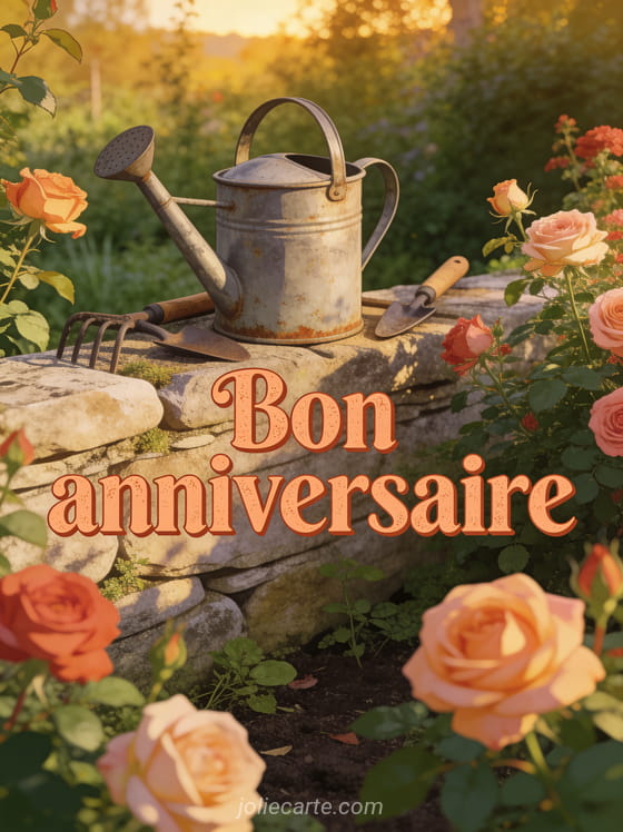 Jardin luxuriant avec rosiers en fleurs, arrosoir en zinc vintage sur un muret en pierre et le texte Bon anniversaire