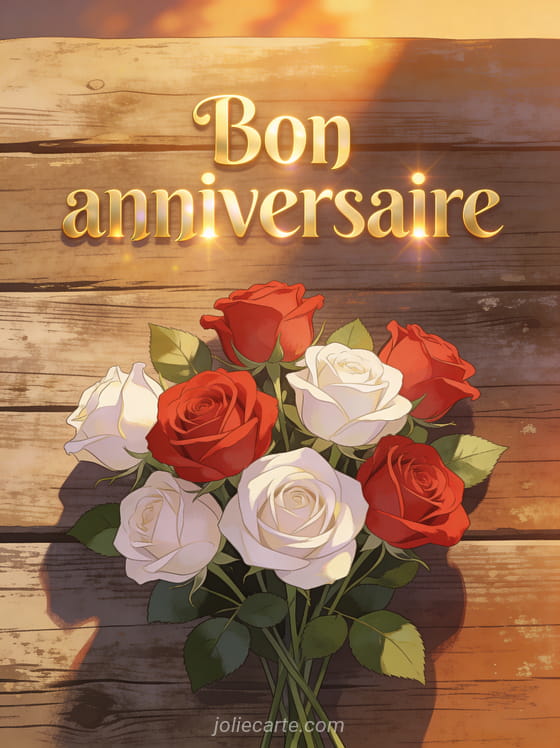 Texte Bon anniversaire en lettres dorées élégantes avec un bouquet de roses rouges et blanches sur une table en bois rustique
