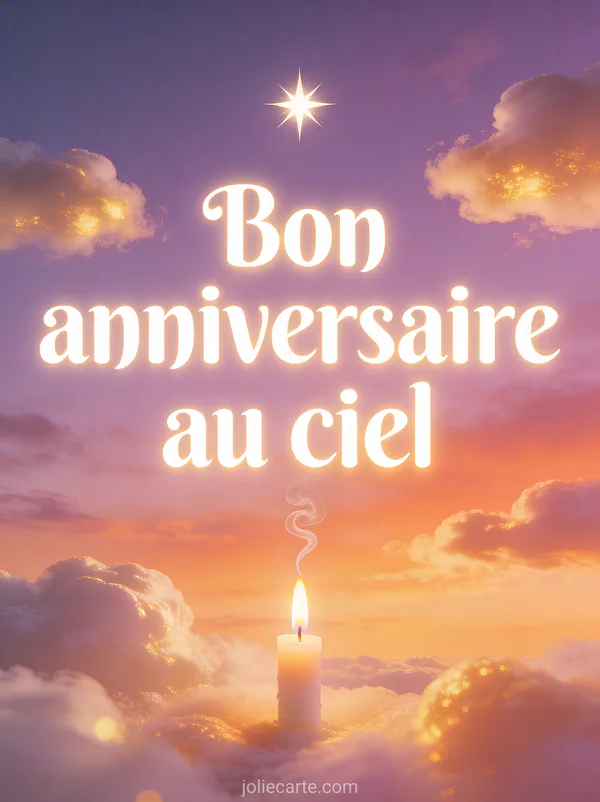 Ciel crépusculaire aux teintes violettes et orangées avec une étoile brillante, une bougie allumée et le texte Bon anniversaire au ciel