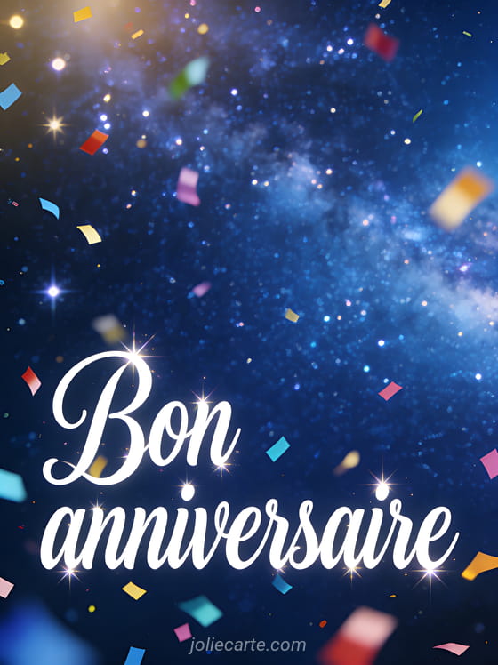 Texte Bon anniversaire en lettres cursives blanches scintillantes avec confettis colorés sur fond bleu nuit étoilé