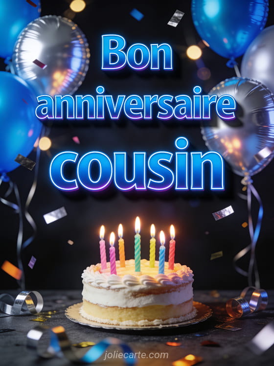 Scène festive avec ballons bleus et argentés, gâteau d'anniversaire avec bougies colorées et confettis et le texte Bon anniversaire cousin