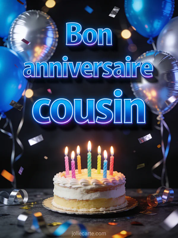 Scène festive avec ballons bleus et argentés, gâteau d'anniversaire avec bougies colorées et confettis et le texte Bon anniversaire cousin