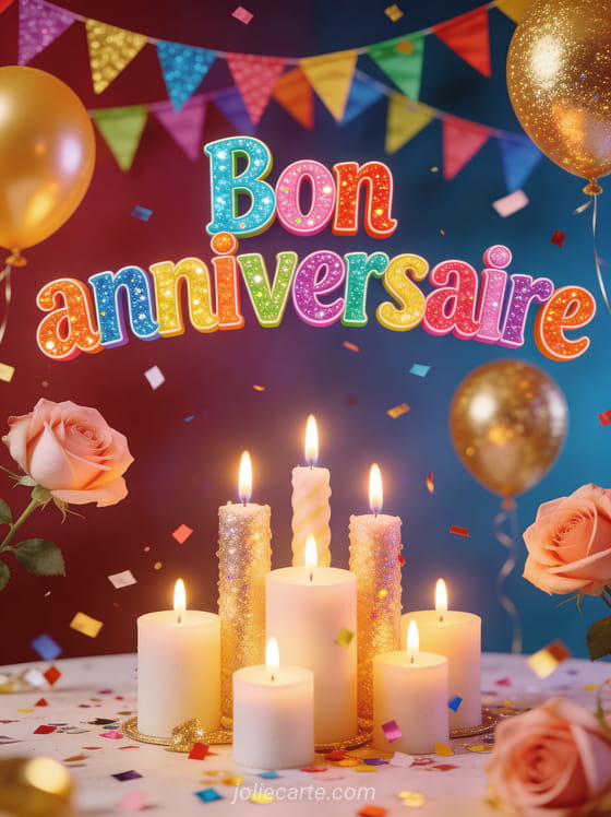 Texte Bon anniversaire en lettres colorées pailletées avec guirlandes de fanions multicolores et ballons dorés et roses