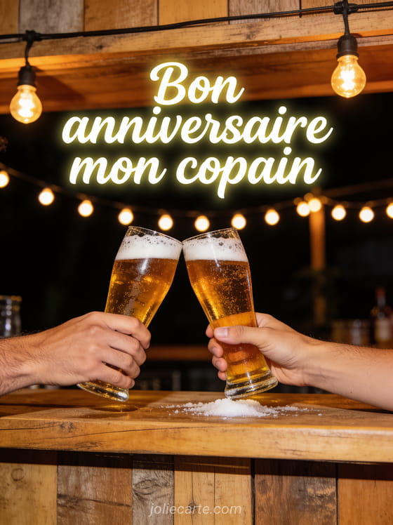 Deux bières artisanales qui trinquent avec de la mousse sur un comptoir en bois brut et guirlandes lumineuses avec le texte Bon anniversaire mon copain