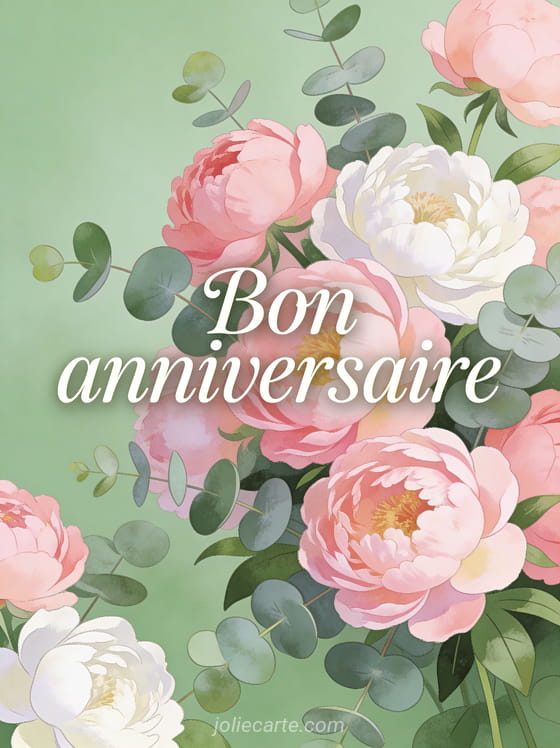 Texte Bon anniversaire en lettres manuscrites ivoire avec composition de pivoines roses et blanches et feuilles d'eucalyptus