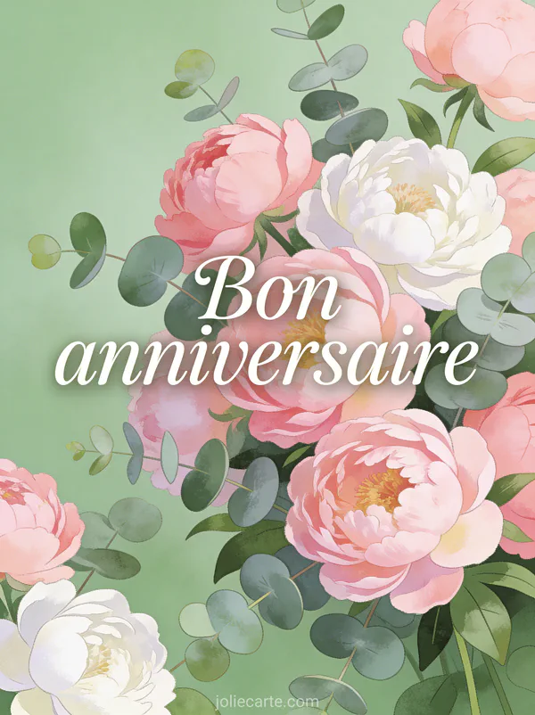 Texte Bon anniversaire en lettres manuscrites ivoire avec composition de pivoines roses et blanches et feuilles d'eucalyptus
