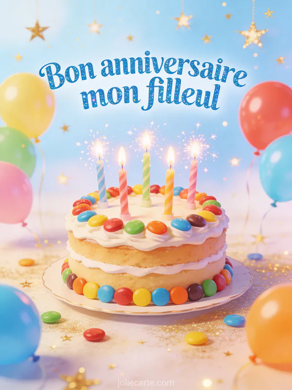 Gâteau d'anniversaire coloré décoré de smarties et bougies étincelantes avec ballons multicolores et le texte Bon anniversaire mon filleul
