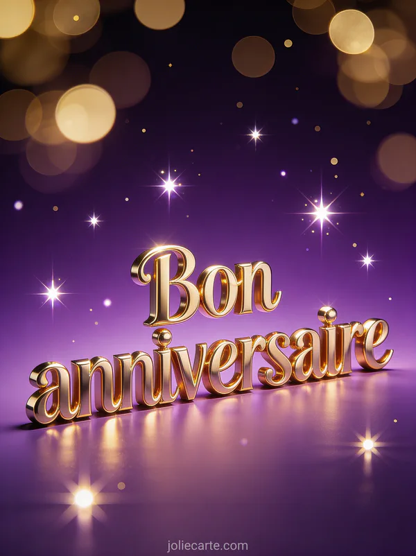 Texte Bon anniversaire en lettres 3D dorées brillantes sur fond violet profond avec étoiles lumineuses et bokeh doré