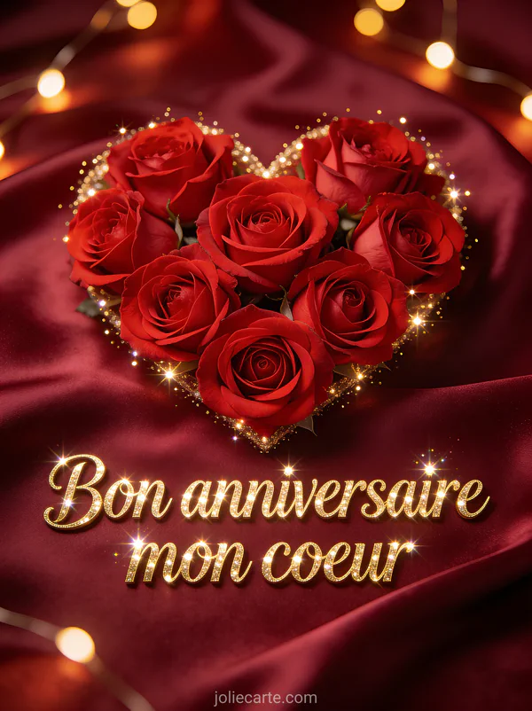 Roses rouges épanouies disposées en forme de coeur sur fond de soie bordeaux avec lumières chaudes et le texte Bon anniversaire mon coeur