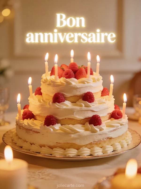 Texte Bon anniversaire en lettres blanches lumineuses avec un gâteau élégant à étages décoré de crème et de fruits rouges
