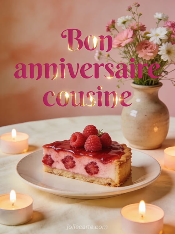 Table joliment dressée avec part de gâteau aux framboises, fleurs sauvages dans un vase en céramique et bougies avec le texte Bon anniversaire cousine