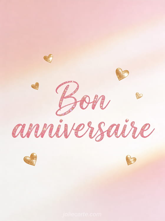 Texte Bon anniversaire en lettres roses manuscrites pailletées avec petits coeurs dorés flottants sur fond rose poudré