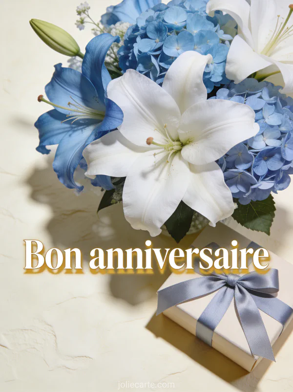 Arrangement floral de lys et hortensias dans les tons bleus et blancs avec un cadeau enrubanné et le texte Bon anniversaire