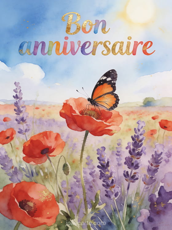Champ de coquelicots et lavande sous un ciel bleu avec un papillon posé sur une fleur et le texte Bon anniversaire en aquarelle