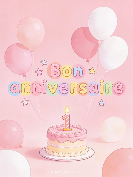 Texte Bon anniversaire en lettres rondes colorées avec petit gâteau rose et bougie chiffre 1 et ballons pastel roses
