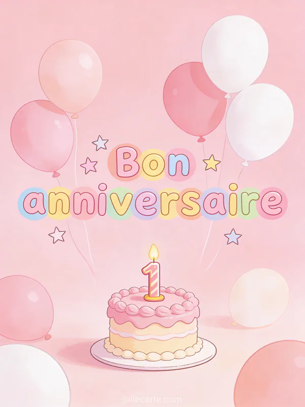 Texte Bon anniversaire en lettres rondes colorées avec petit gâteau rose et bougie chiffre 1 et ballons pastel roses