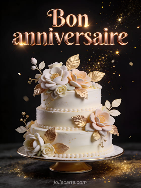 Gâteau d'anniversaire élégant à étages décoré de fleurs en sucre et feuilles d'or sur fond noir avec étincelles dorées et le texte Bon anniversaire