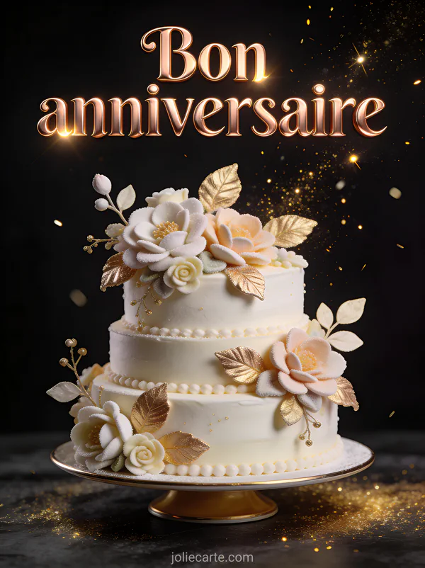 Gâteau d'anniversaire élégant à étages décoré de fleurs en sucre et feuilles d'or sur fond noir avec étincelles dorées et le texte Bon anniversaire