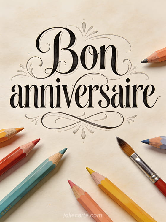 Texte Bon anniversaire dessiné à la main avec fioritures entouré de crayons de couleur et pinceaux sur papier texturé beige