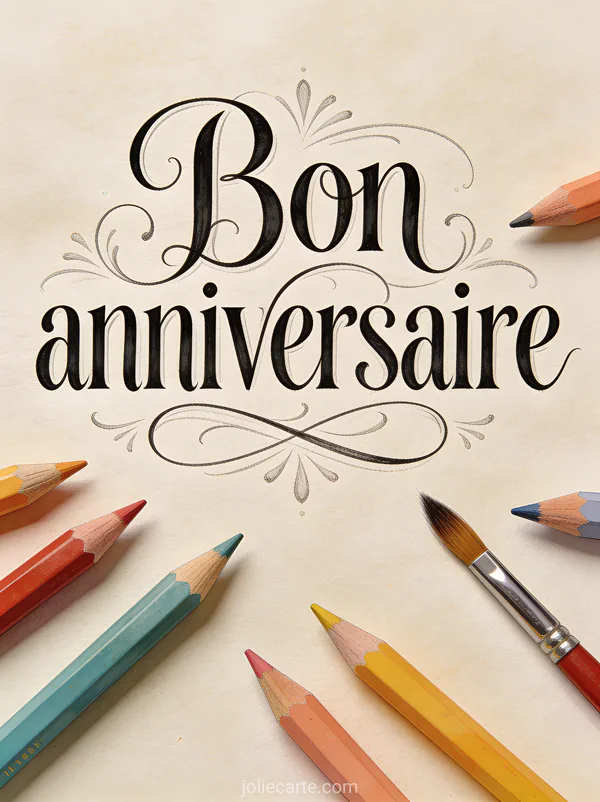 Texte Bon anniversaire dessiné à la main avec fioritures entouré de crayons de couleur et pinceaux sur papier texturé beige