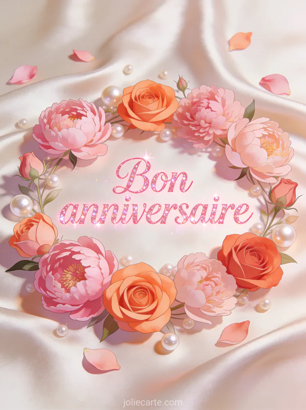 Arrangement de pivoines et roses dans les tons rose et corail avec perles et pétales sur fond de satin clair et le texte Bon anniversaire
