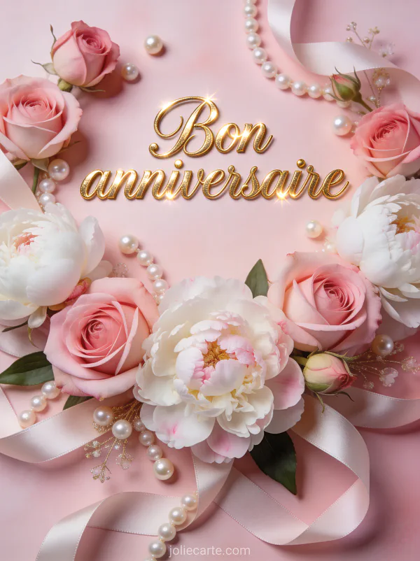 Texte Bon anniversaire en lettres dorées cursives avec roses pivoines blanches perles et rubans de soie sur fond rose poudré