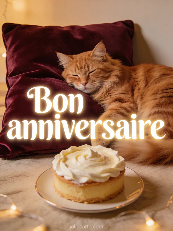 Texte Bon anniversaire en lettres blanches avec un chat roux couché sur un coussin de velours bordeaux à côté d'un petit gâteau