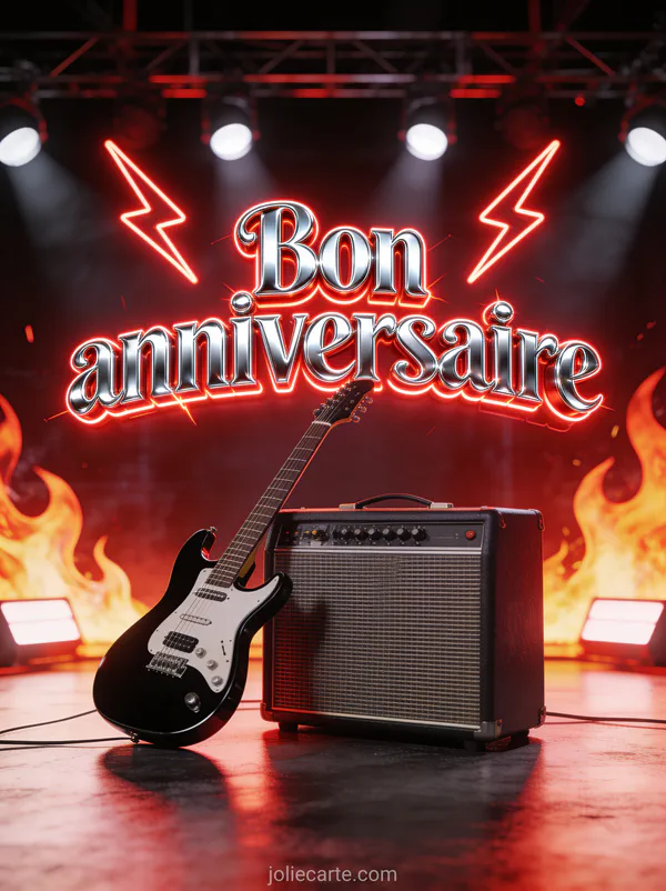 Guitare électrique noire posée contre un amplificateur vintage avec flammes stylisées et éclairs sur scène de concert et le texte Bon anniversaire