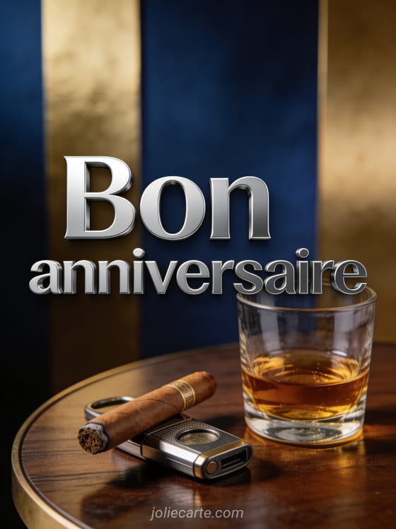 Texte Bon anniversaire en lettres argentées sur fond bleu marine avec un verre de whisky et un cigare sur une table en bois sombre