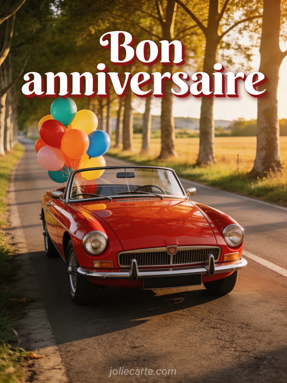 Voiture ancienne rouge décapotable garée sur une route de campagne bordée de platanes avec ballons colorés et le texte Bon anniversaire