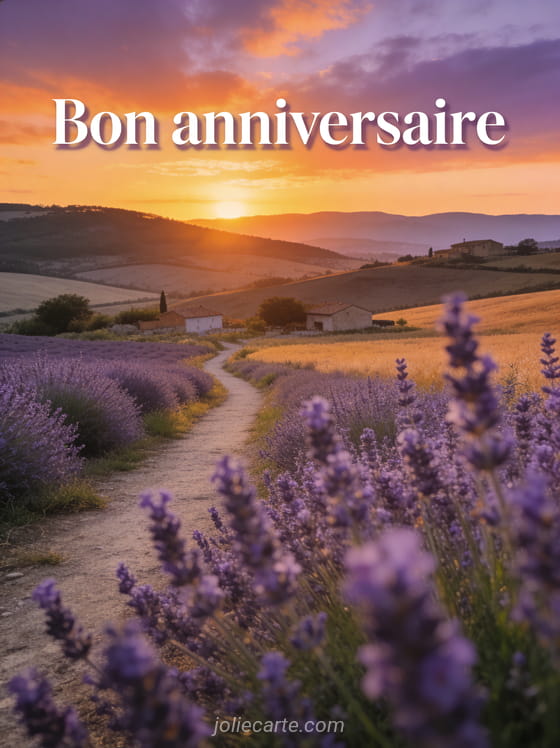 Texte Bon anniversaire en lettres blanches avec paysage de campagne au coucher du soleil et chemin bordé de lavande