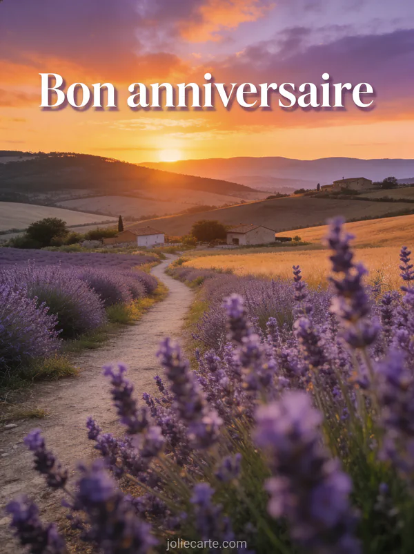 Texte Bon anniversaire en lettres blanches avec paysage de campagne au coucher du soleil et chemin bordé de lavande