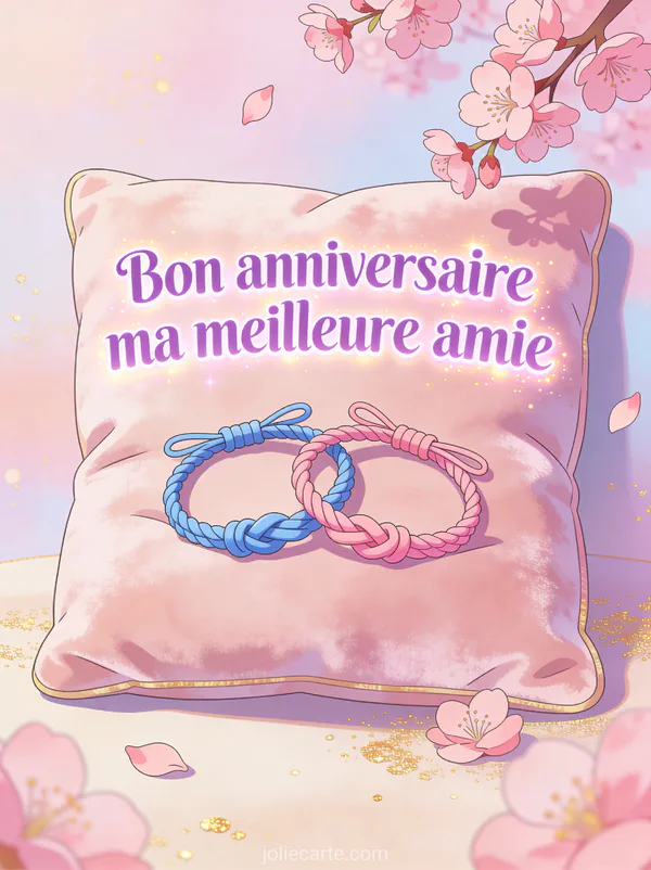 Deux bracelets d'amitié entrelacés sur un coussin en velours avec des fleurs de cerisier et fond pastel doré avec le texte Bon anniversaire ma meilleure amie