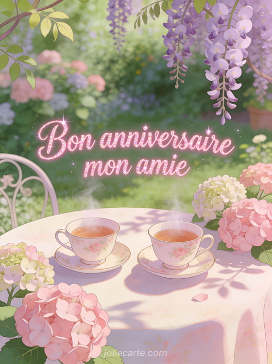 Texte Bon anniversaire mon amie en lettres cursives roses avec deux tasses de thé sur une table de jardin fleuri de glycines