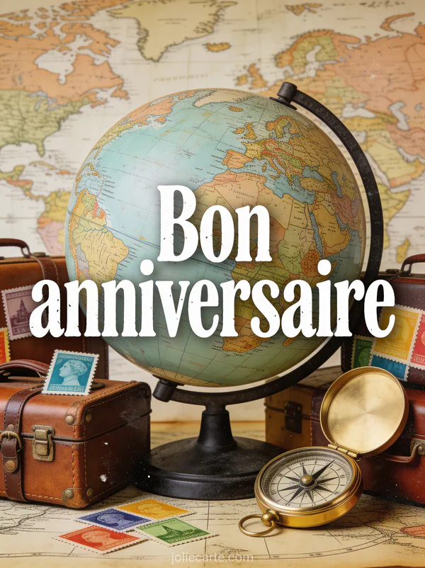Globe terrestre vintage entouré de valises en cuir et timbres de voyage avec une boussole dorée et le texte Bon anniversaire