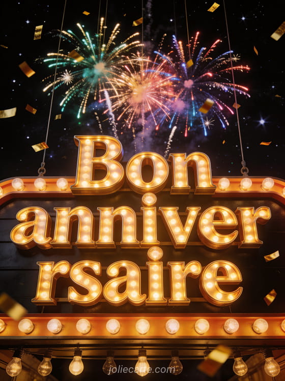 Texte Bon anniversaire en grandes lettres lumineuses dorées style enseigne vintage avec feux d'artifice multicolores sur fond étoilé