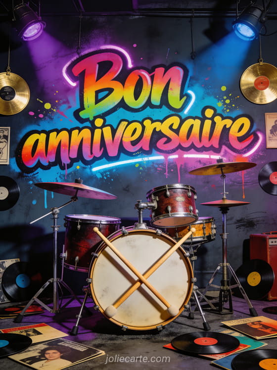 Batterie complète sur scène avec baguettes croisées, vinyles et disques d'or au mur, éclairage violet et bleu et le texte Bon anniversaire en graffiti