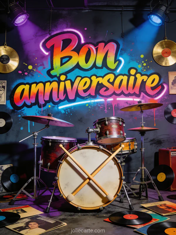 Batterie complète sur scène avec baguettes croisées, vinyles et disques d'or au mur, éclairage violet et bleu et le texte Bon anniversaire en graffiti